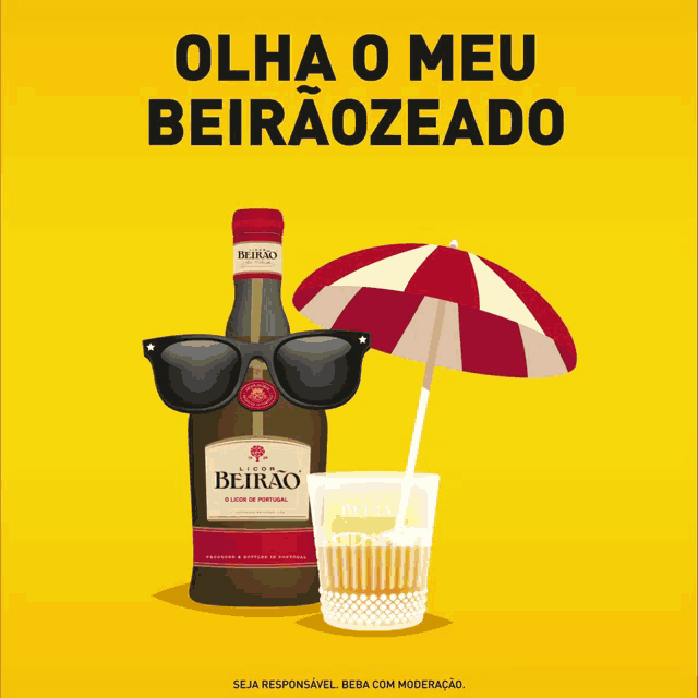 a bottle of beirao wine with sunglasses and an umbrella next to it