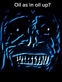 a close up of a monster 's face with the words oil as in oil up