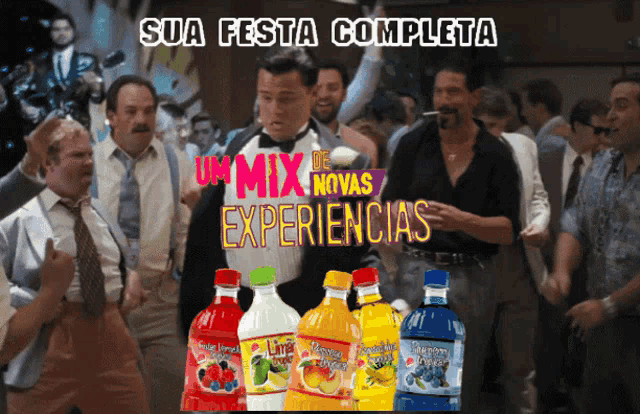 a man in a tuxedo stands in front of a group of men with the words sua festa completa on the bottom
