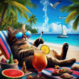 a cat wearing sunglasses is laying on a beach with a drink