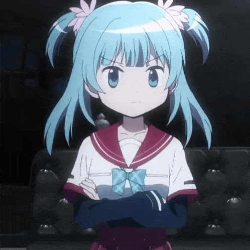 a girl with blue hair and pigtails is standing with her arms crossed and making an angry face