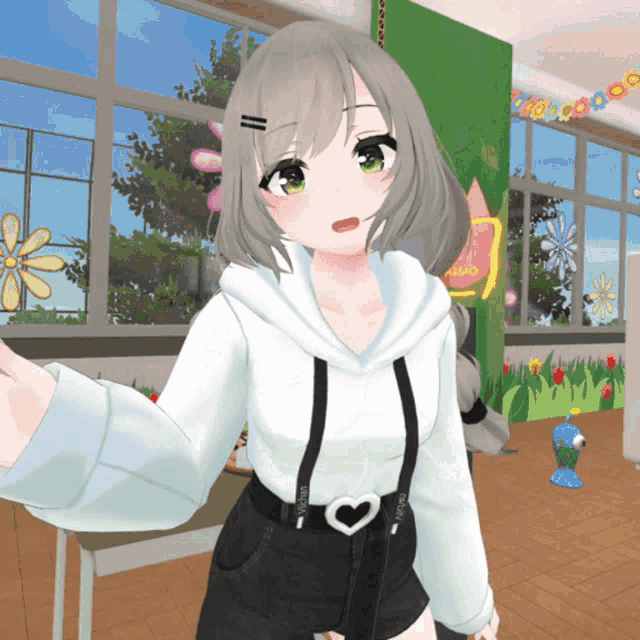 a girl in a white hoodie and black shorts with a heart belt