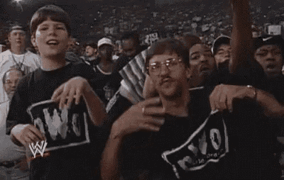 a crowd of people are standing in a stadium watching a wrestling match and dancing .