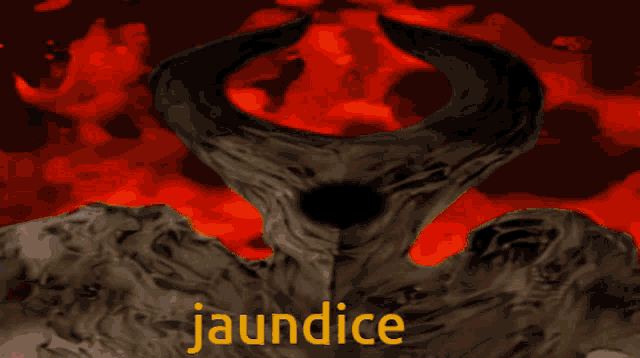 a drawing of a demon with horns and the word jaundice