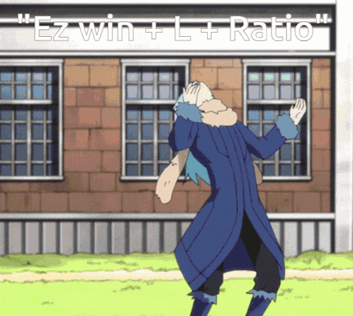 a man in a blue coat is dancing in front of a building with the words " ez win + l + ratio " above him