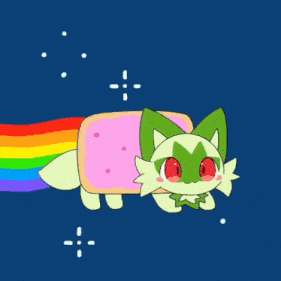 a cartoon cat is flying through the air with a rainbow behind him