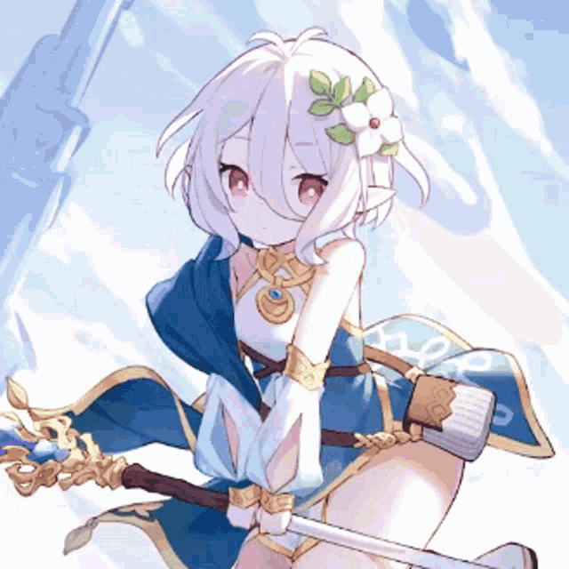 a girl with white hair is holding a sword