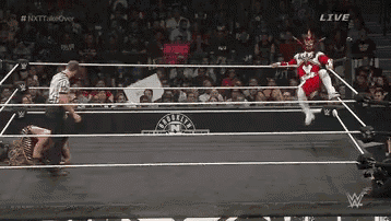 a wrestler in a red and white outfit is in a wrestling ring with a referee ..
