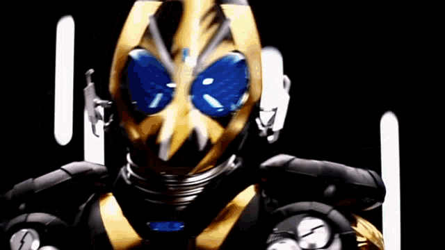 a close up of a masked rider with blue eyes