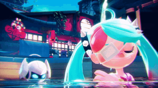 a cartoon character with blue hair is in the water