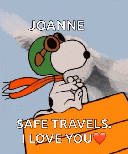 a cartoon of snoopy wearing a helmet and goggles with the words joanne safe travels i love you