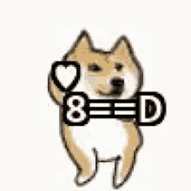 a dog is holding a heart and a dumbbell with the letter d on it .