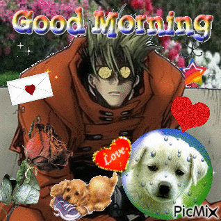 a picture of a man and a dog with the words " good morning " on it