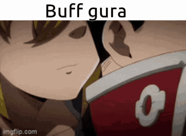 a couple of anime characters looking at a book with the words `` buff gura '' above them .
