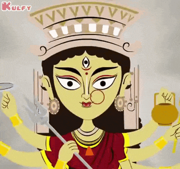 a cartoon of a woman with many arms holding a spoon and a pitcher .