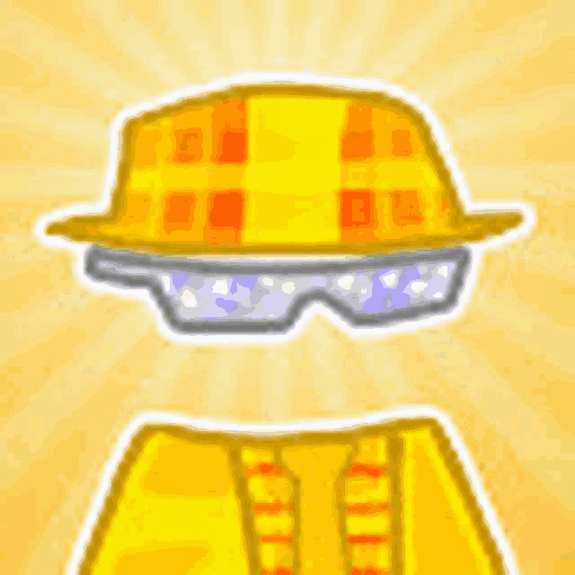 a cartoon drawing of a person wearing a yellow hat and sunglasses .