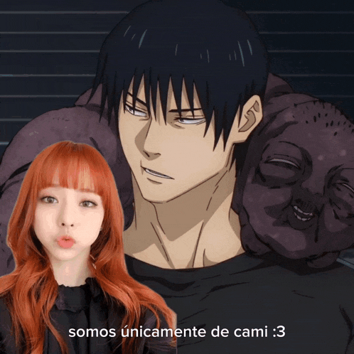 a girl with red hair is standing next to a man with black hair and the words somos unicamente de cami
