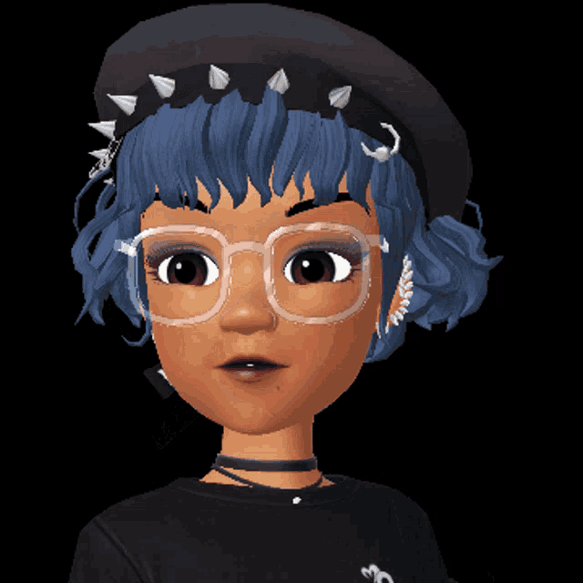 a girl with blue hair wearing glasses and a black hat with spikes