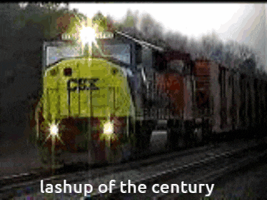 a cbs train is going down the tracks with the words " lashup of the century " below it