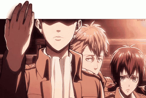 a group of anime characters are standing next to each other and one of them has his hand up