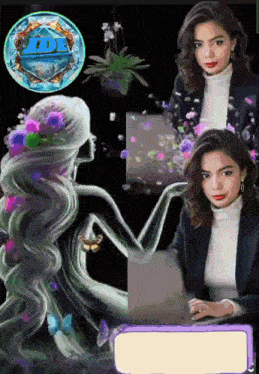 a woman is sitting at a desk with a laptop in front of her and a painting of a woman with the letter m on it