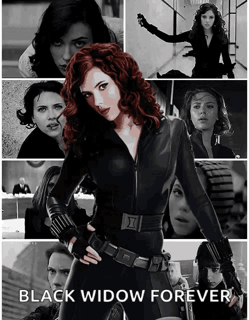 a poster for black widow forever with a woman in a black suit
