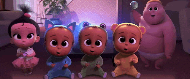 a group of cartoon babies are sitting in a room