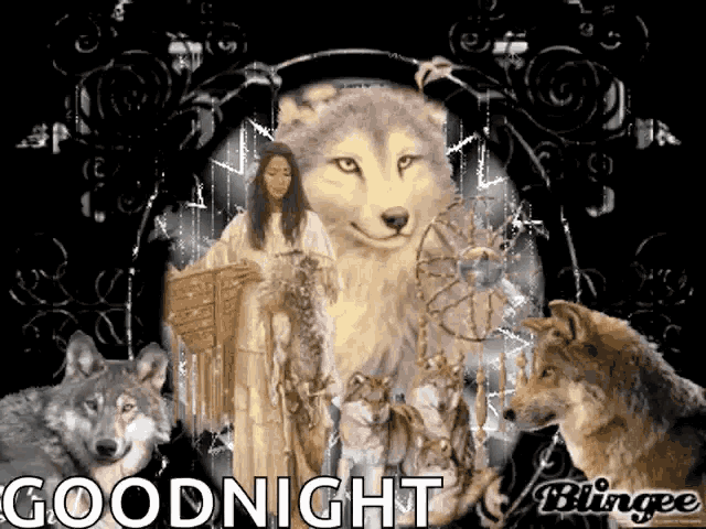 a picture of a woman surrounded by wolves with the words goodnight written on it