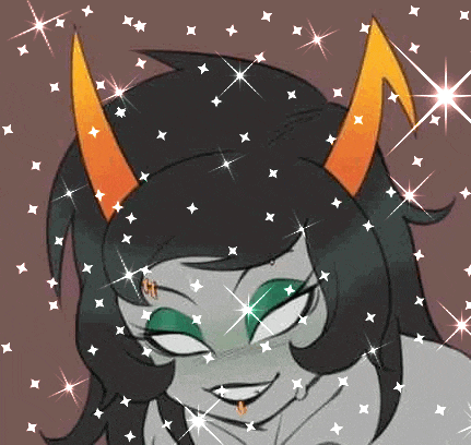 a cartoon character with horns and green eyes is smiling and surrounded by sparkly stars .