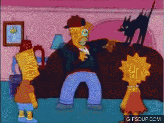 a cartoon of homer simpson and bart simpson with a black cat on top of a bed