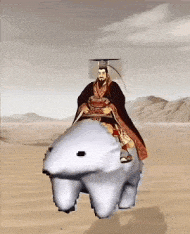 a man in a costume is riding a polar bear in the desert .