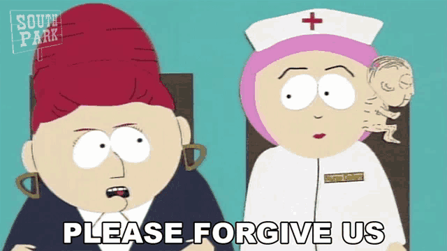 a cartoon of a nurse asking for forgiveness