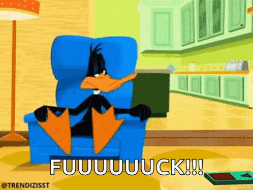 a cartoon of a duck sitting in a chair with the words " fuuuuuck " written below him