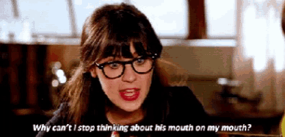 a woman wearing glasses says " why can t i stop thinking about his mouth on my mouth "