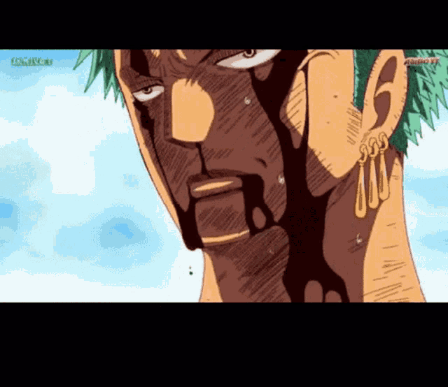 a close up of a cartoon character 's face with the number 6 on his ear