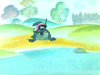 a cartoon wolf wearing swim trunks and flippers jumps into a body of water