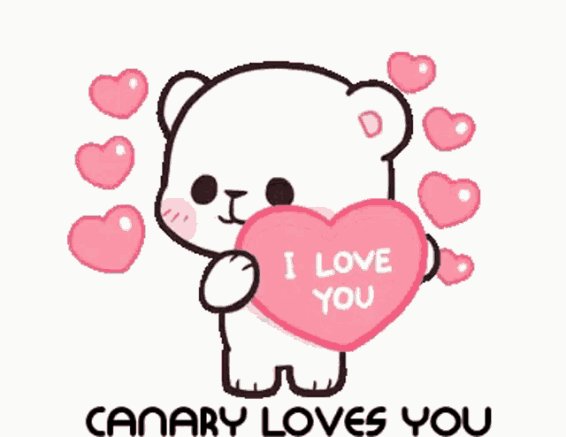 a white teddy bear is holding a pink heart that says `` i love you '' surrounded by pink hearts .