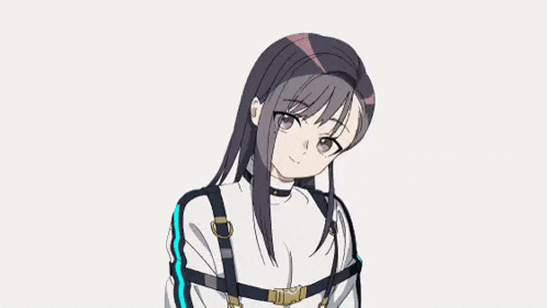 a girl with long black hair is wearing a white jacket and a black belt .