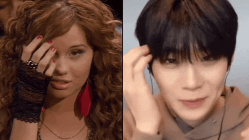 a woman with red nails is next to a man with headphones
