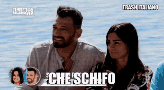 a man and a woman are sitting on a boat with the words che schifo behind them