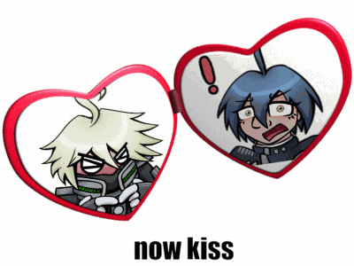 a picture of a boy and a girl in a heart shaped mirror with the words now kiss below them