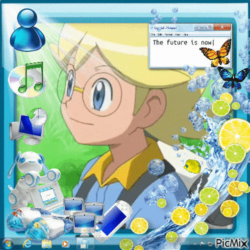 a picture of a boy with the words the future is now on a computer screen