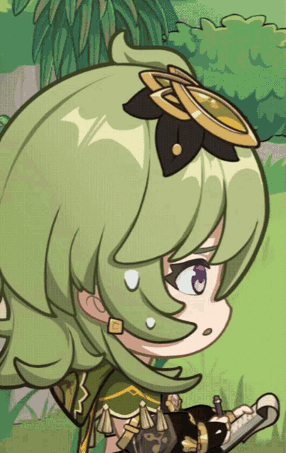 a cartoon character with green hair and a flower on her head