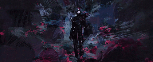 a painting of a person surrounded by a purple and blue background