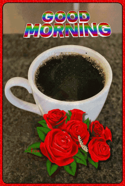 a cup of coffee with red roses and the words " good morning "