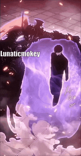 a man is surrounded by a purple shield with the words lunaticmokey on it