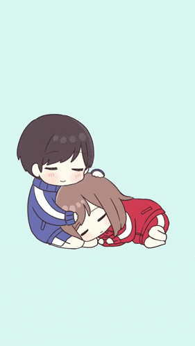 a boy is hugging a girl who is sleeping