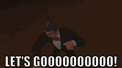 a man in a tuxedo is laying on the ground with the words let 's gooooooo000 written above him