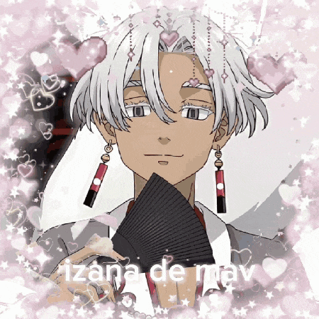 a drawing of a boy with white hair holding a fan with the words izana de mav written below him