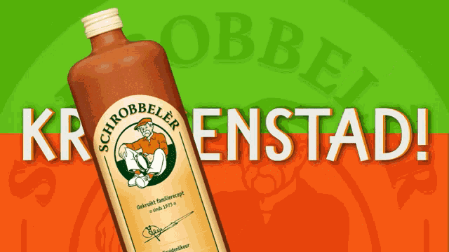 a bottle of schrobbeler kruik stad sits on a green and red background
